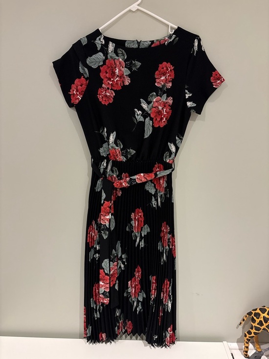 Suzy Shier Dresses & Skirts - Flowy Fairy Black Floral Belted Pleated Dress - Red Floral Print